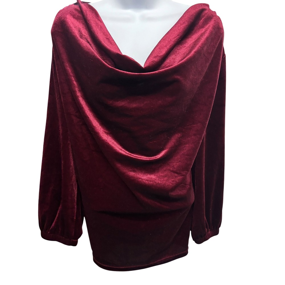 Burgundy Velvet Cowl Neck Draped Top XL Long Sleeve Wine Red Stretch Blouse